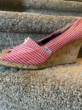 TOMS Red and White Striped Cork Wedge Peep-Toe Slip-Ons slightly worn,